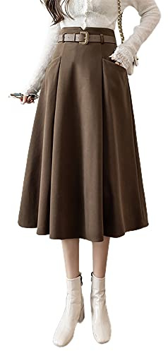 IDEALSANXUN Wool Midi Skirts for Womens High Waisted A Line Pleated Belted Fall Winter Skirts, Coffee, XS