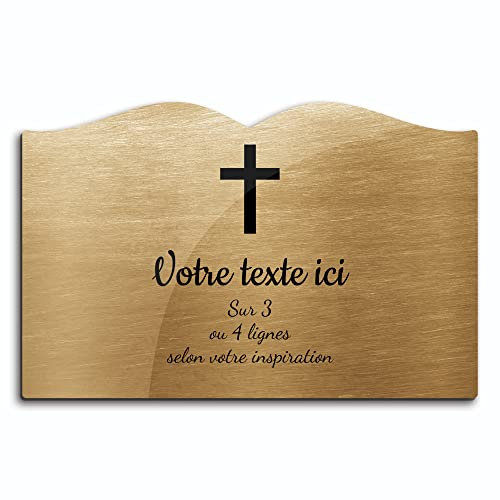 OCAP-FUNERAIRE.COM Plaque gravée funéraire Motif Croix Chrétienne autocollante modèle Livre (20x13 cm) personnalisée 1 à 3 Lignes Or Brossé