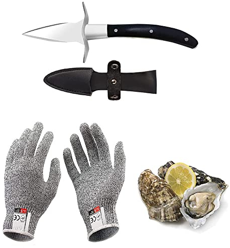 Kaqisen Oyster Knife Oyster Shuck Set Oyster Opener Resistente al taglio e guanti per cozze o formaggio a pasta dura Manico in legno adatto Acciaio inossidabile (Grande/L)