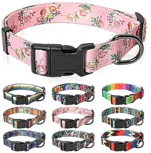 HEELE Dog Collar Medium Multi-Colour Patterned Soft Comfy Dog Pet Collars Easy Adjustable Collar for Small Medium Dogs Indoor Outdoor Activities, Pink, M