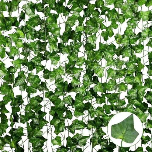 Jinwu 24 Pack 160.8 Ft Artificial Ivy Garland, Fake Vines Leaves Hanging Vine Plants Green Leaves for Bedroom Home Garden Trellis Fence Balcony Wedding Party Event Decorative, Thanksgiving Decoration