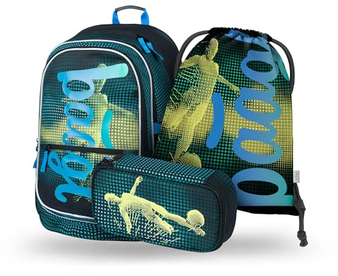 Baagl Schulrucksack Set Jungen 3 Teilig, Schultasche für Grundschule Volksschule, Grundschule Ranzen mit Brustgurt, Ergonomischer Schulranzen (Football)