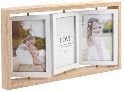 Elitecran 6 Pollici Cornice Doppio Portafoto, 10.2x15.2cm Portafoto Pieghevole 6 Foto Rotante in Legno, Portafoto da Tavolo Collage Tripla 3 Cornice Foto Multiple per Famiglia, Matrimoni, Amici
