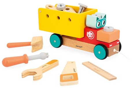 Janod - Mi Primer Juego de Construcción - Camión de Bricolaje de Arrastre - 23 Accesorios - Imitación - Motricidad Fina & Creatividad - Desde 24 Meses - J06451