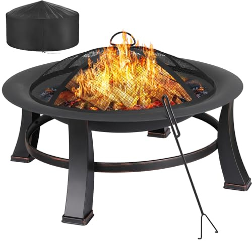 Braciere da giardino Φ76 cm, braciere con parascintille e griglia, focolare multifunzionale, effetto retrò, con copertura Oxford impermeabile 600D, per barbecue e feste