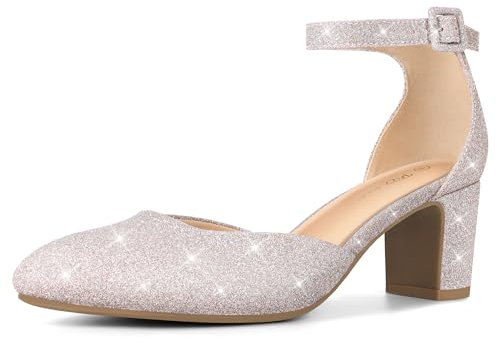 PIZZ ANNU Damen Pumps mit Blockabsatz Glitzer Riemchenpumps Elegant Hochzeitsschuhe Knöchelriemen Spangenpumps Geschlossene Zehenkappe Roségold EU 41
