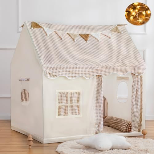 Kids Tent Playhouse with Star Lights and Tote Bags, Kids Play Tent Indoor & Outdoor, Washable Teepee Tent for Boys & Girls, Toy House for Toddler, Neutral Color Play Room Furniture (Beige-1)