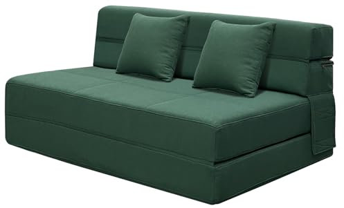 ANONER 150cm Breit Doppelte Schlafsofa Schlafsessel, Gästesofa mit Schlaffunktion Bodensofa mit Memory Schaum & 2 Kissen, Dunkelgrün