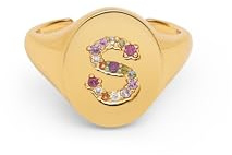 SINGULARU - Anello Personalizzato Signet Letter Colors. Ottone con Finitura Placcata Oro 18Kt. Anello con Motivo Lettera e Zirconi Colorati. Gioielli da Donna. Lettera A - Z
