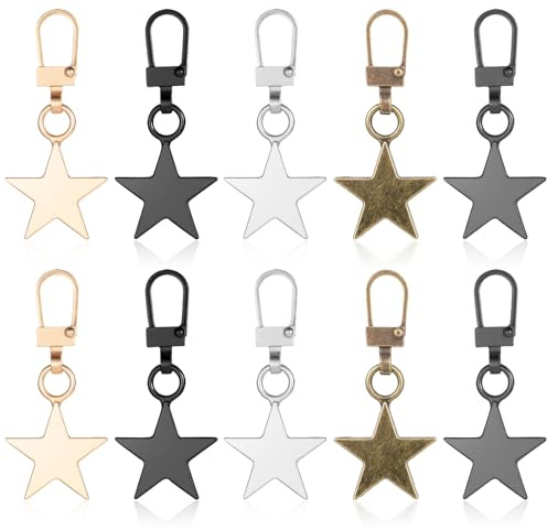 oruola 10 dijes de cremallera, dije de cremallera de estrella, tirador de cremallera de repuesto de metal para equipaje, mochilas, bolsos, chaquetas, bolsos, llaveros, manualidades, joyería, 5 colores