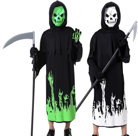 WFKKMEQ Grim Reaper Costume, Halloween Glow in the Dark Grim Reaper Costume, Scary Kids Outfit Set, Death Party Cosplay for Adolescent, Grim Reaper Cloak, Gloves, Sickle Cosplay - L/130