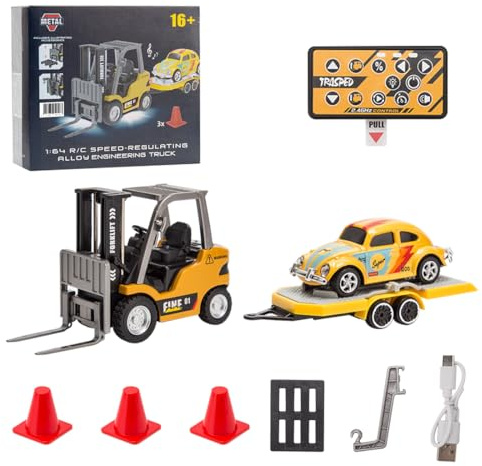 ExploTex Mini chariot élévateur RC 1:64, 2,4 Gz, en aluminium, avec télécommande, crochet, fourches et palette, convient aux amateurs et collectionneurs radiocommandés