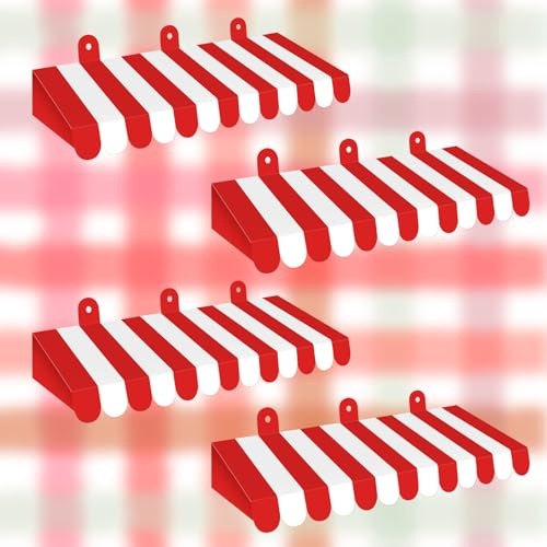 Adecortalk 4 Pcs Circus Awning Decorations 3D Carnival Tent Striped Awnings Decorations Mardi Gras Awnings for Carnival Circus Party Favors Carnival Stand Classroom Bulletin Board Decor(Red and White)