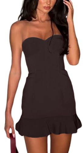 Gkaopi Robe Femme Epaules Dénudées Sexy sans Manches Moulante Mini Robe Chic et Elegant Dos Nu Robes à Ourlet Volants Bodycon Courte Bandeau Robes pour Soirée Clubbing Fête Cocktail