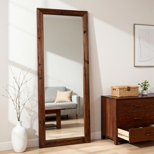 GLCS GLAUCUS Floor Length Mirror with Stand,Solid Wood Frame Full BodyLarge Floor for Wall Door Bedroom Bathroom Living Room,Hanging or Leaning Wall-Mounted,Brown