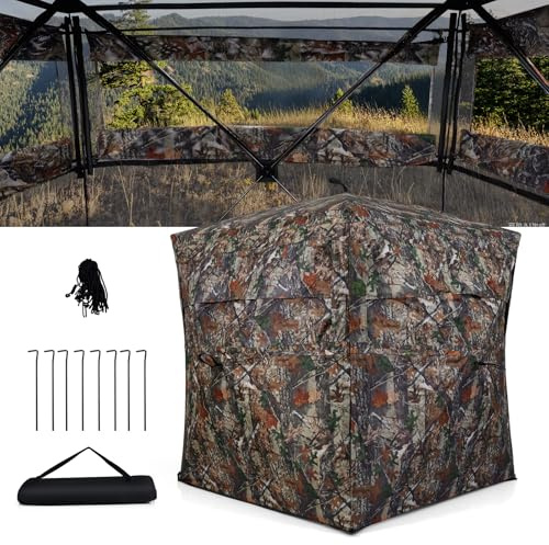 COSTWAY 2/3/4 Person Pop Up Hunting Blind, Camouflage Ground Tent with Carrying Bag, Hunting Blind Gear for Shooting Bird Watching (360° See Through, 147 x 147 x 170 cm)