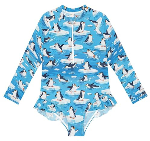 FFYHO Girls'Long-Sleeved One-Piece Swimsuit,Penguin Ice Float Water Summer Swimwear with Zipper and Ruffle for Kids Toddlers,Swimming Suits UPF 50+ Sun Protection 3T