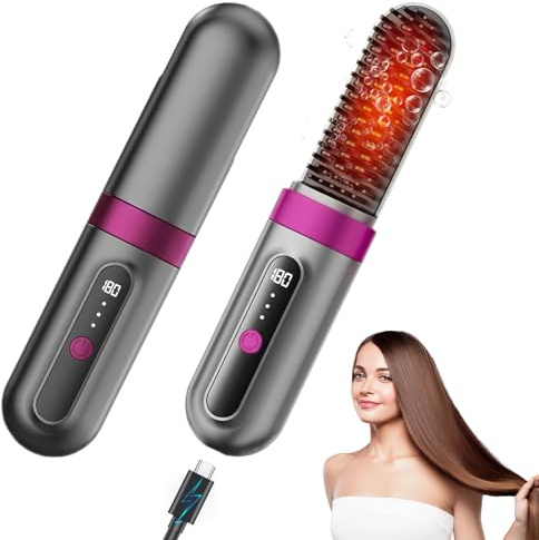 Spazzola Lisciante per Capelli 2 in 1, Bwaliffury Mini spazzola per capelli senza fili elettrica, display a LED ricaricabile, 4000mAh, Ceramica antiscottatura, Viaggio, Portatile, Riscaldamento Rapido