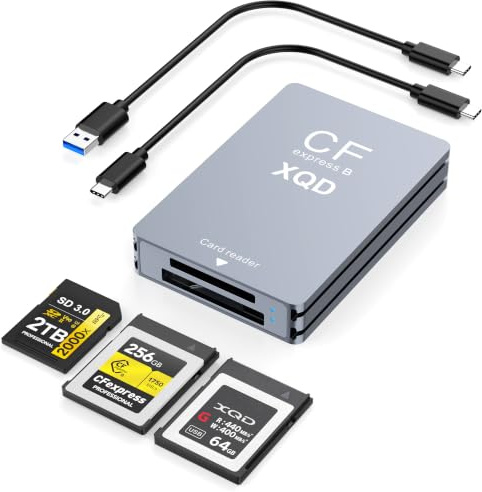 3-i-1-kortläsare – CFexpress typ B/XQD/SD, 10 Gbps USB3.1 Gen2, aluminium, USB-A/C-kabel, för Windows/Mac/Linux/Android