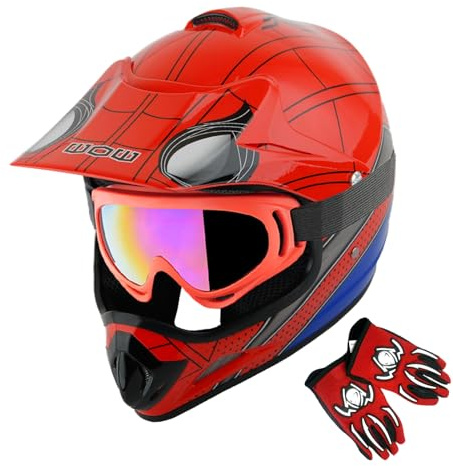 WOW Youth Kids Motocross Helmet BMX MX ATV Dirt Bike Helmet Spider Red + Goggles + MG Youth Red Glove Bundle