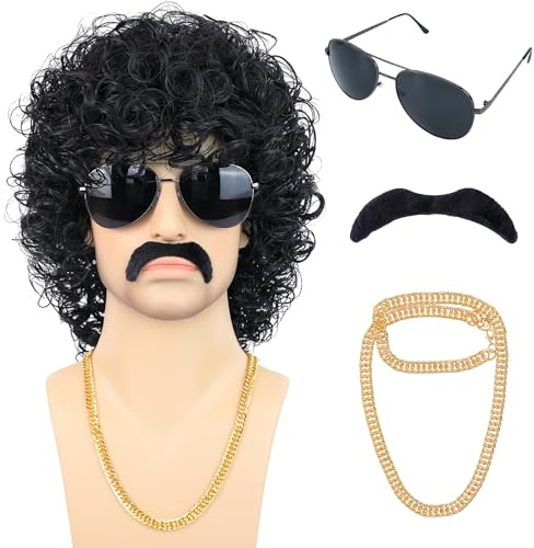 Bettecos 80-tals peruk, kort, svart, lockig, för män, med mustasch, glasögon och kedja, 70-tals-vokuhila-peruk med lockar för rocker halloween-kostym, cosplay