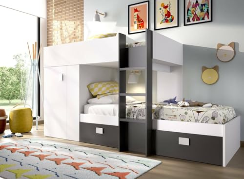 Dmora - Composition de la Chambre à Coucher Cevedale, Chambre complète, Composition de Lits superposés avec Deux Lits Simples, 271x111h150 cm, Blanc et Anthracite