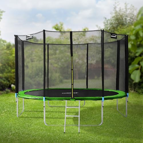 Hauki Trampolin Outdoor, Ø427 cm, Grün, GS geprüft, Rundes Gartentrampolin für Kinder bis 150 kg, Komplettset mit Sicherheitsnetz, Leiter, Randabdeckung, Gepolsterte Stangen, Stabile Kindertrampolin