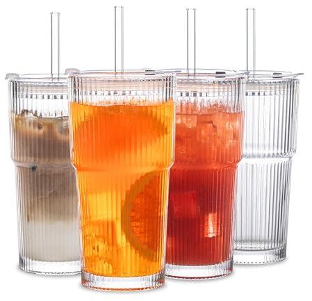INSETLAN 600ml Ribbed Glass Tumblers with Lids and Glass Straws Set of 4, Leakproof Glass Cup with Straw and Lid, Thickened Glass, Ideal for Iced Latte, Smoothies, Cocktails,Durable Drinkware (4)
