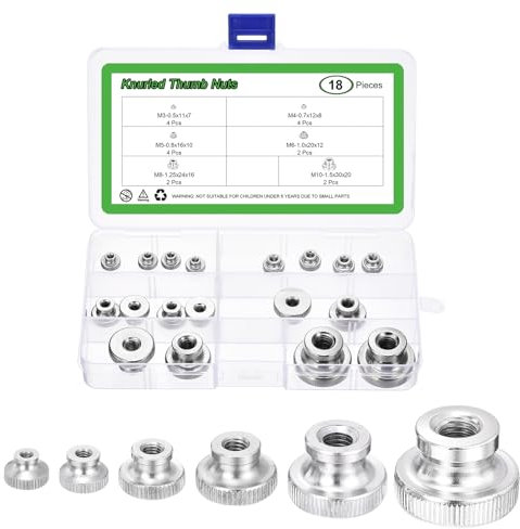 sourcing map 18Pcs Knurled Thumb Nuts, M3 M4 M5 M6 M8 M10 Round Knobs Fasteners with Nickel Plated Adjusting Knurled Nut Fasteners Nuts for 3D Printer Parts, Silver