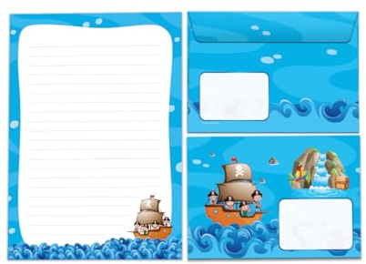 Juego de papel de carta con sobre, diseño de piratas, bloc de notas a rayas (bloc A5 con 25 hojas + 15 sobres)