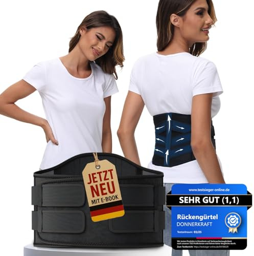 DONNER KRAFT Faja lumbar y cinturón de apoyo para hombre y mujer – Cinturón de espalda para apoyo lumbar y estabilización en la vida cotidiana + guía Ebook (XXL)