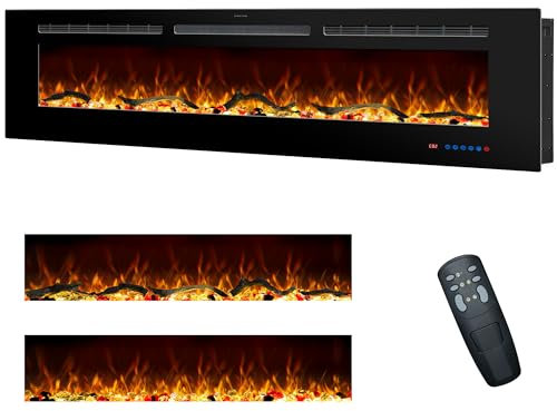 Rodalflame 127 cm, 50 camini elettrici, da incasso e da parete, per interni con telecomando, 13 fiamme di colore con legno e cristallo, timer 9H