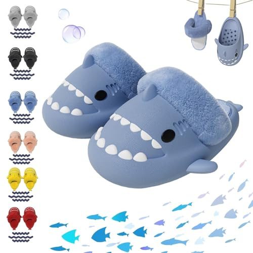 Overhil1s Pantoufles en Fourrure de Requin for Enfants et Adultes, Doublure Amovible, Hiver, Confortables, Chaudes, imperméables, antidérapantes, Pantoufles en Forme de Nuage de Requin(Bleu,44/45 EU)