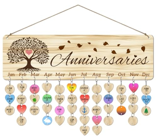 arricraft 1 tablero de madera con recordatorio de cumpleaños familiar, calendario de aniversario de árbol de la vida, para colgar en la pared con 100 etiquetas, regalos para padres y madres