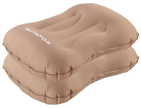 SUTAFOR Cuscino da Campeggio Gonfiabile con Design Ergonomico Cuscino da Viaggio Confortevole e Ultraleggero 73g Cuscino da Spiaggia, Escursionismo, trekking, 2 Pezzi (Cachi)