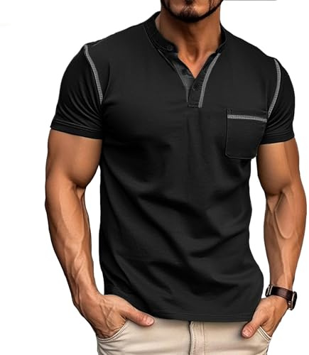 Henley Tee Shirt Homme en Coton Manches Courtes avec Poche | T-Shirt Homme été Doux Respirant Bouton