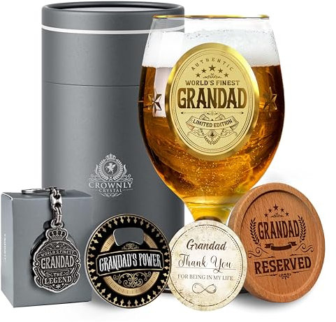 CROWNLY CRYSTAL® Personalized Beer Glass Retirement or Birthday Gifts for Grandad Unique Gift Ideas for Grandfather