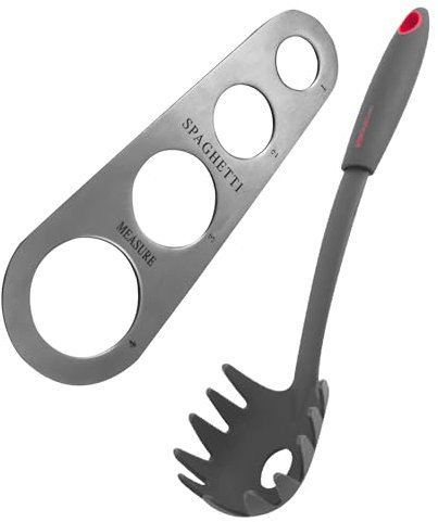 Fackelmann Set Cucchiaio Servispaghetti e dosa spaghetti, servispaghetti in nylon resistente al calore fino a 200 °C, dosatore per pasta lunga in acciaio inox