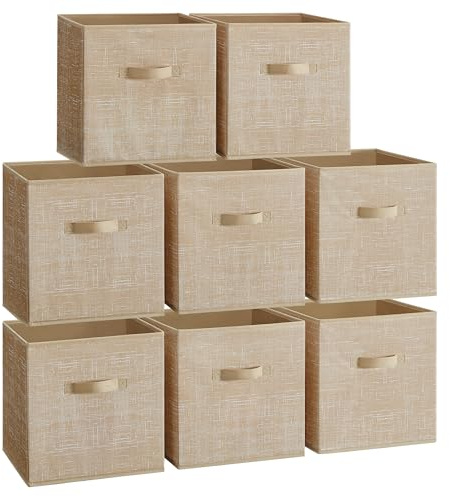 SONGMICS Storage Cubes, 33 cm Non-Woven Fabric Bins with Double Handles, Set of 8, Wardrobe Organisers for Shelves, Foldable, for Clothes, Sand Beige ROB833K03