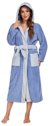 RONGTAI Womens Robes Fluffy Color Blocks Bathrobe Housecoat Plush Soft Long Casual Fuzzy Hooded Sleepwear Robe with Pocket Blue XXL