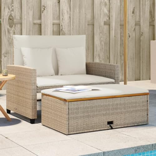 Festnight Gartensofa Ausziehbar mit Liegefunktion Stauraum Balkon Sofa Liege Rattan Sofa 2 Sitzer Hocker Balkonsofa mit Schlaffunktion Rattansofa Balkonmöbel Kleiner Balkon Couch Wetterfest