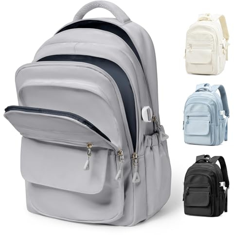 Lendolk Schulrucksack Groß Teenager Mädchen Jungen, Uni Rucksack Grau Herren Damen mit Laptopfach, Wasserfester Schul Rucksack mit vielen fächern, Schultaschen