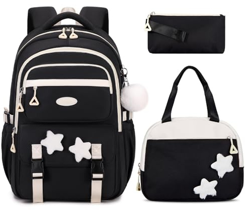 Amythe Zaino Scuola Elementare e Medie per Ragazze 9 10-14 Anni, Zaino Elementari Impermeabile con Ciondolo, 7 Tasche Set Scuola Zaini con Astuccio e Borsa Pranzo, Back to School, Nero