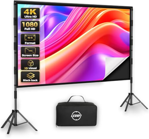 Outdoor Projector Screen with Stand - LEORFI 100 inch Black Backing Projection Screen - Upgraded Movie Screen 16:9 4K HD - Wrinkle-Free Lightweight Movie Screen with Carry Bag for Backyard Night