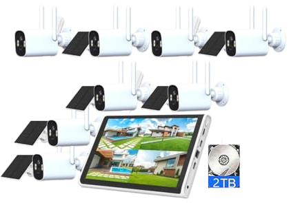 AKAVIG 8CH Sistema de cámara de seguridad solar de 4 MP para exteriores con monitor, kit de monitoreo de video WiFi inalámbrico con visión nocturna a color, kit NVR de vigilancia solar con disco duro