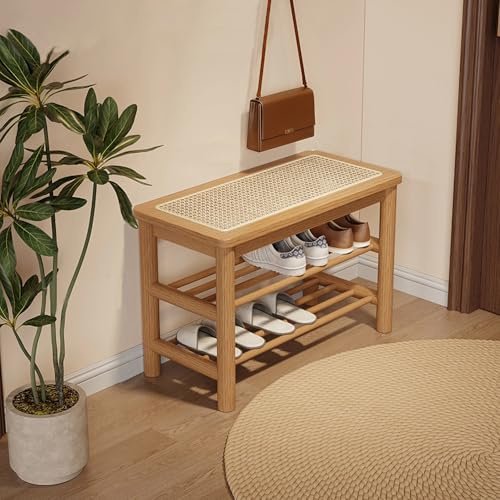 SOBIBO Bamboo Shoe Rack Bench with Rattan Seat, 3-Tier Shoe Storage Bench, Entryway Bench for Hallway Nature-23.62 inches