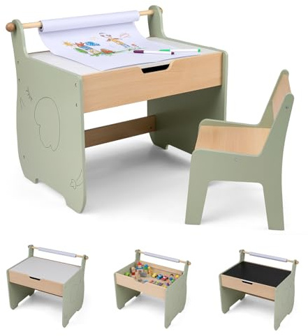 FANTASK 4 in 1 Holz Kindertisch mit Stuhl, wendbare & abnehmbare Tischplatte, Maltisch mit Stauraum & Papierrollenhalter, für Kinder ab 3 Jahren
