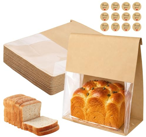 50 st stora brödpåsar i papper 22 x 28 x 11 cm, med fönster, bruna brödpåsar med klistermärken, för hembakat bröd, deg, bröd, kakor