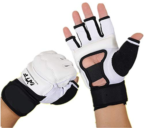 Runworld Men Kids Taekwondo Gloves Punch Bag Boxing Martial Arts MMA Sparring Grappling Muay Thai Training PU Leather Wrist Wraps Gloves (White, Medium)