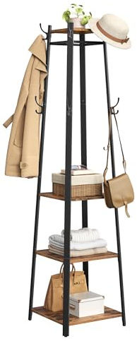VASAGLE Coat Rack, Coat Stand with 3 Shelves, Hall Tree Free Standing with Hooks for Scarves, Bags, Umbrellas, Steel Frame, Industrial Style, for Entryway, Living Room, Rustic Brown and Black ULCR80X